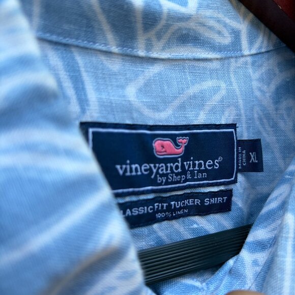 XL Vineyard Vines Blue 100% Linen Palm Print Tucker Button Down Shirt - Picture 6 of 9